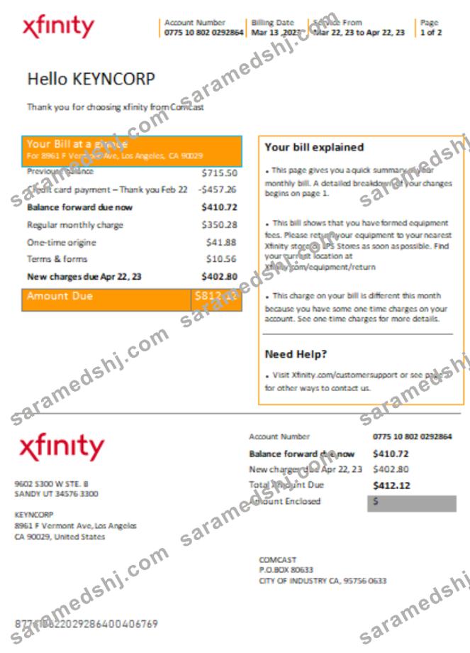San Francisco Xfinity Comcast utility business bill SCR page 1